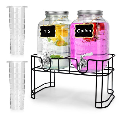 2-Gallon Glass Drink Dispenser Set with Stainless Steel Spigots & Chalkboard Tags – Dual Beverage Dispensers with Metal Stand
