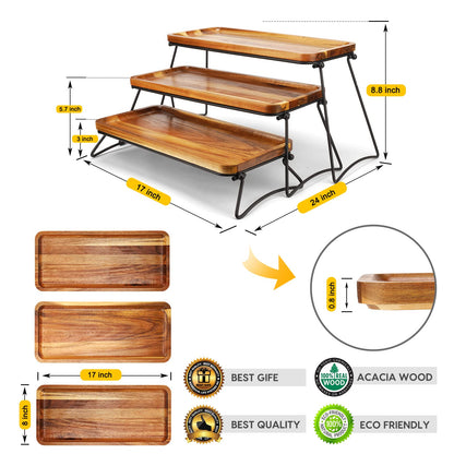 Acacia Wood Serving Tray – Handcrafted Charcuterie & Dessert Stand with Collapsible Rack | Rustic Wood Display for Parties, Events