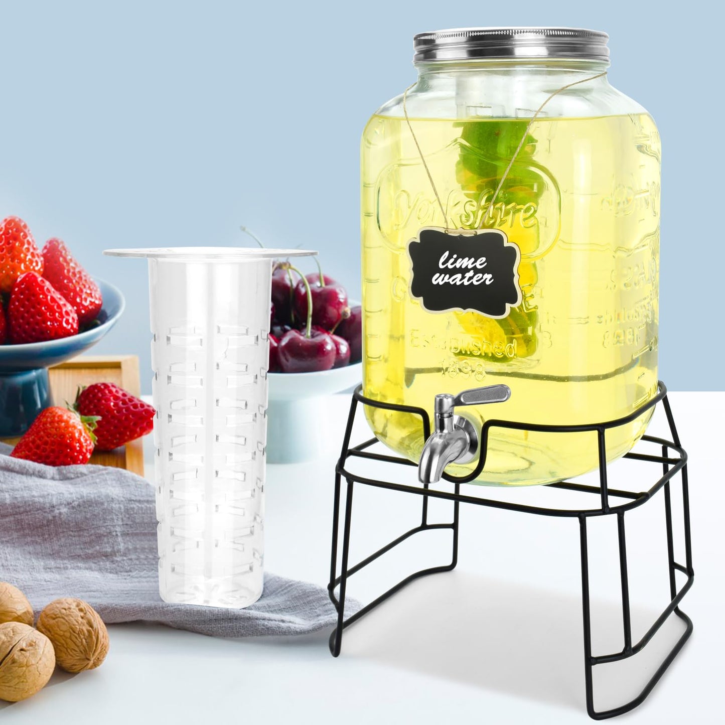 2-Gallon Glass Drink Dispenser Set with Stainless Steel Spigots & Chalkboard Tags – Dual Beverage Dispensers with Metal Stand