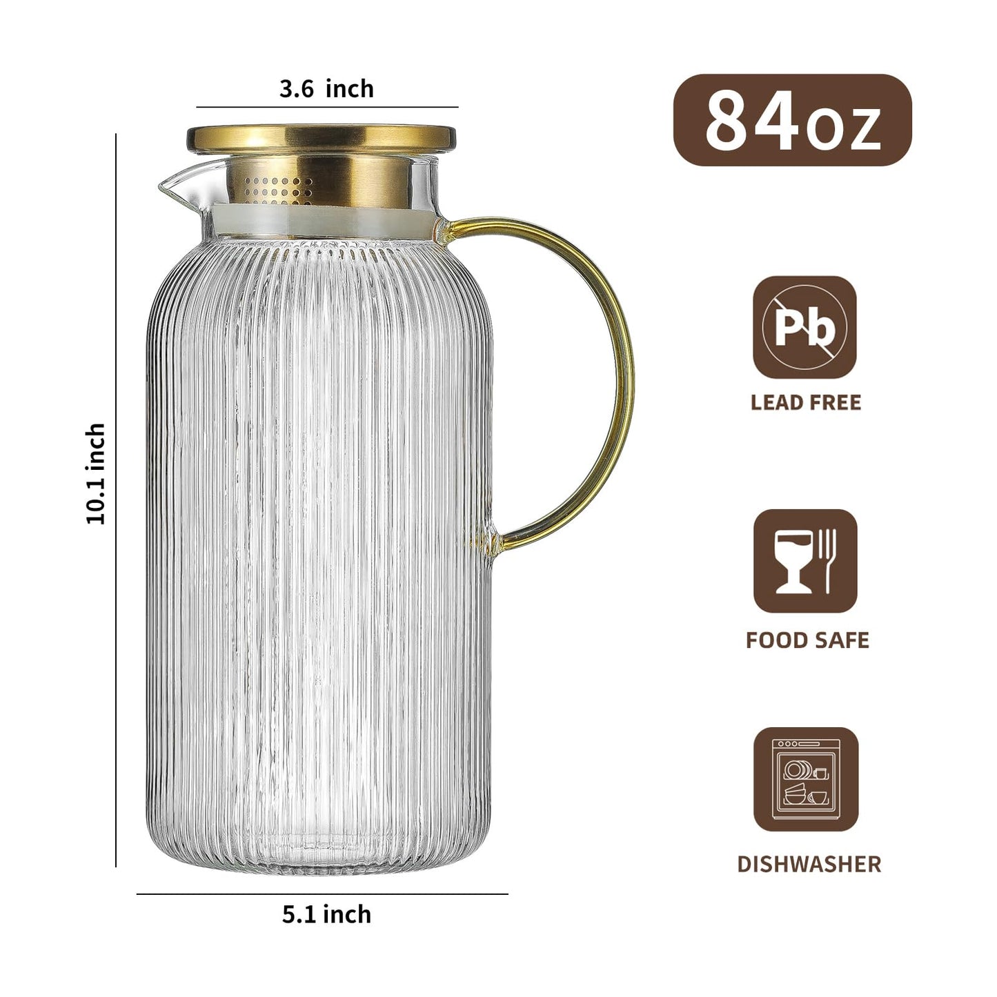 Glass Water Pitcher – 68oz Borosilicate Carafe with Stainless Steel Lid - Heat-Resistant