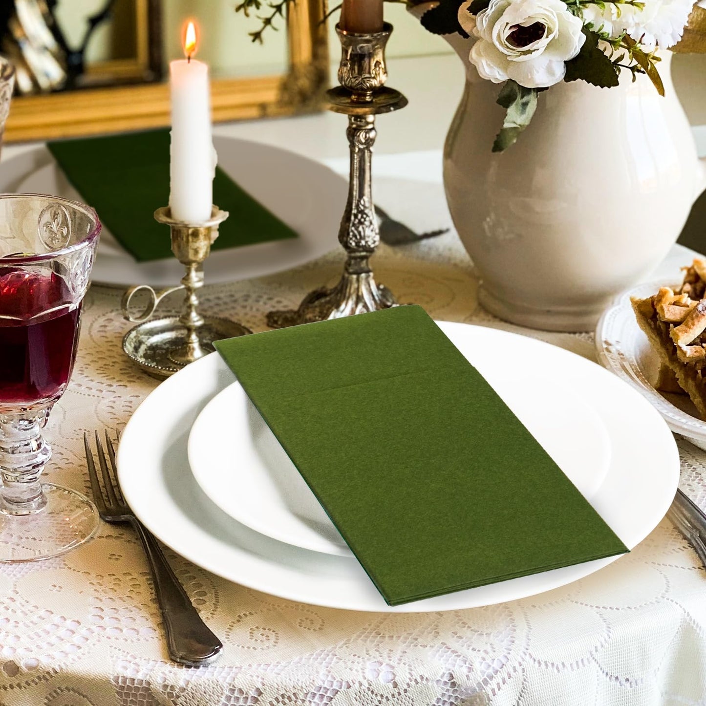 Solid Color Pocket Napkins – 50-Pack Linen-Like Paper Napkins with Silverware Pocket | Soft, Absorbent & Elegant for Dining, Weddings, and Events - Matcha Green