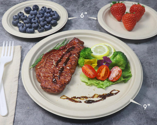 Comparison of two paper plates with a steak and salad on one, and berries and strawberries on the other, on a gray surface.