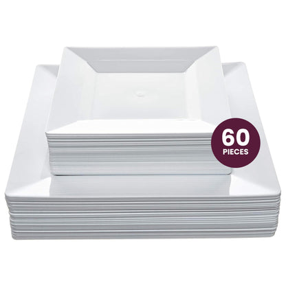 Elegant White Square Plastic Plates Set – 100-Piece Heavy Duty Disposable Dinnerware for 50 Guests (9.5” Dinner + 6.5” Appetizer Plates)