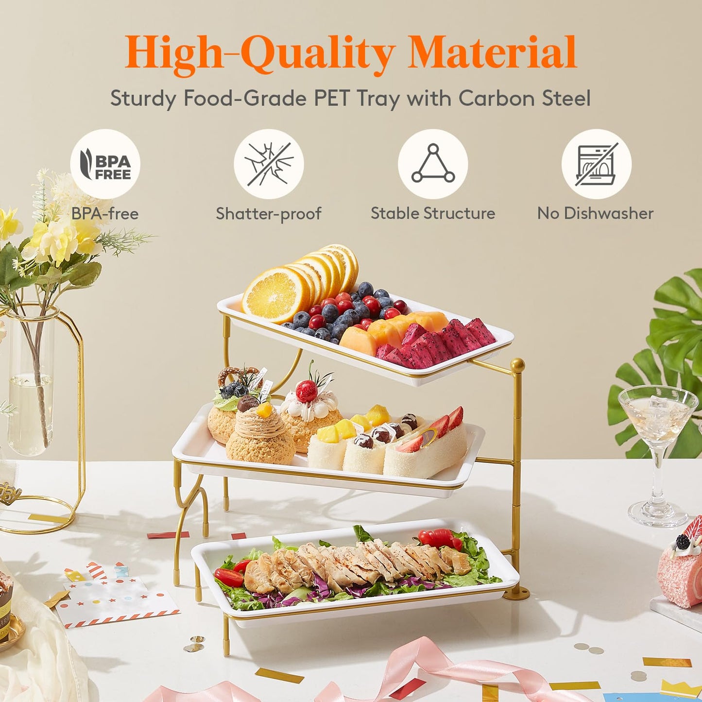 Clear Plastic Serving Tray – BPA-Free Shatterproof PET Dessert Stand for Parties, Weddings & Events | Space-Saving Display with Non-Slip Base