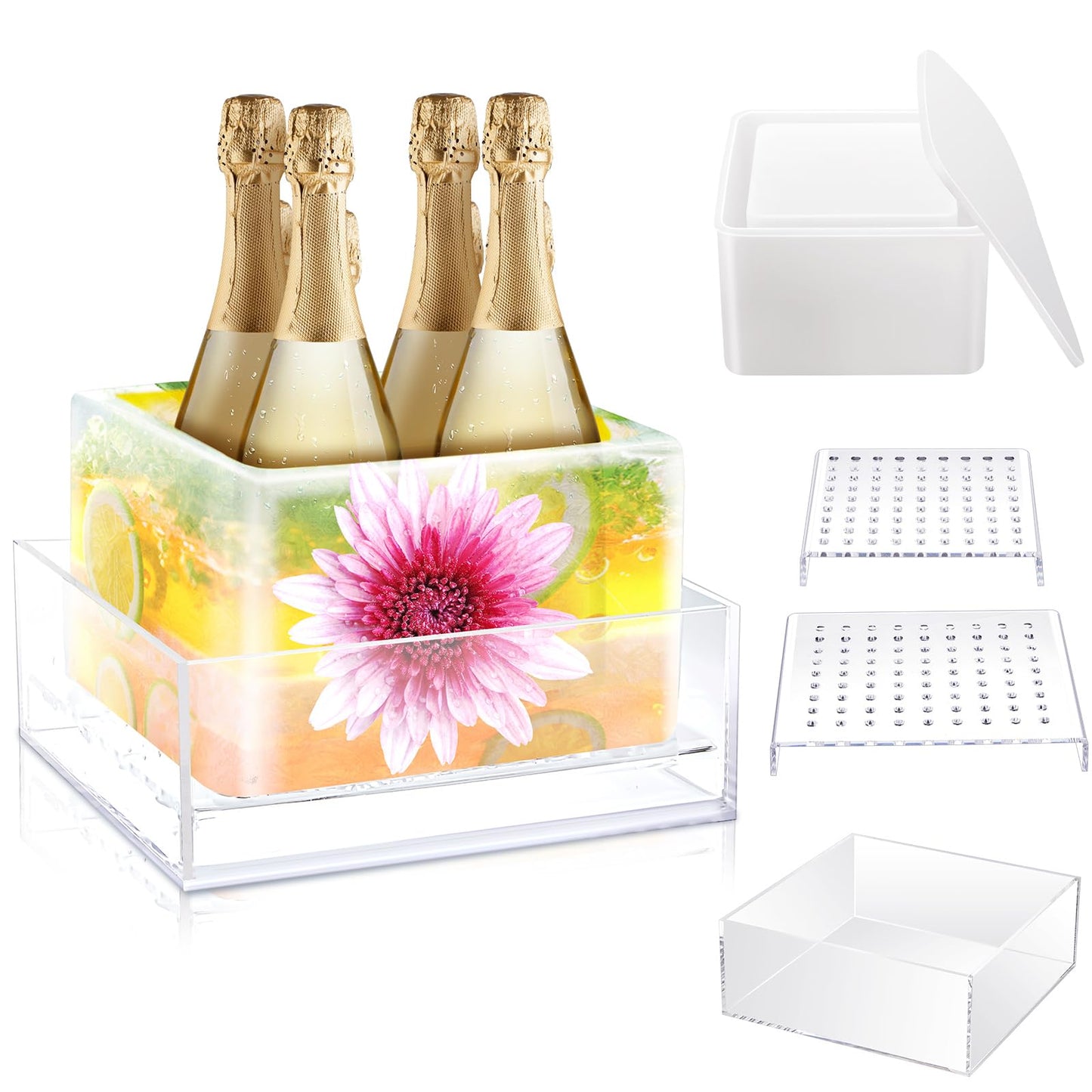 Champagne Ice Bucket Set with Silicone Ice Mold & Draining Racks – Acrylic Drink Chiller for Parties, Weddings & Celebrations