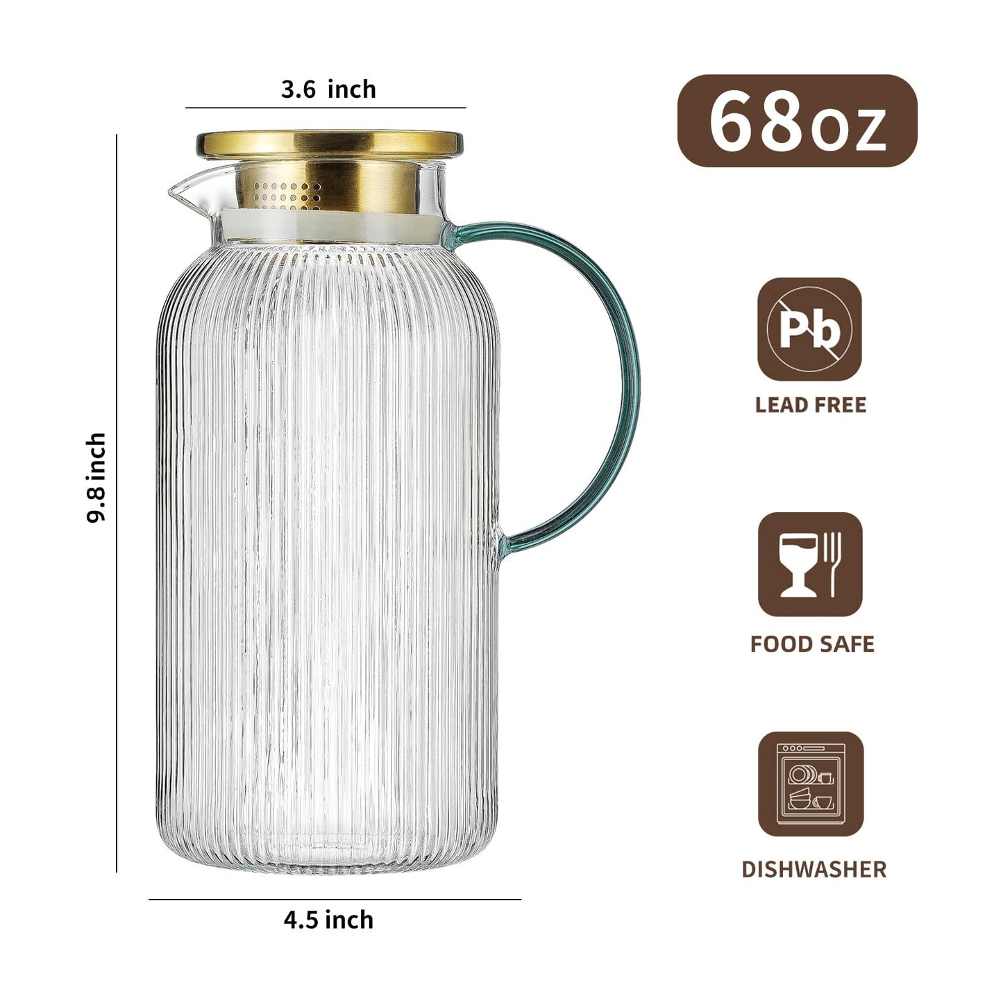 Glass Water Pitcher – 68oz Borosilicate Carafe with Stainless Steel Lid - Heat-Resistant