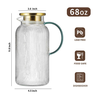 Glass Water Pitcher – 68oz Borosilicate Carafe with Stainless Steel Lid - Heat-Resistant