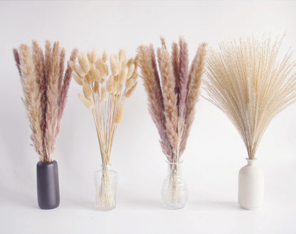 Natural Dried Pampas Grass Bouquet – Mixed Fluffy Pompous Grass for Vase, Boho Decor, Weddings, Gifts & Home Arrangements 100PCS