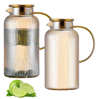 Glass Water Pitcher – 68oz Borosilicate Carafe with Stainless Steel Lid - Heat-Resistant