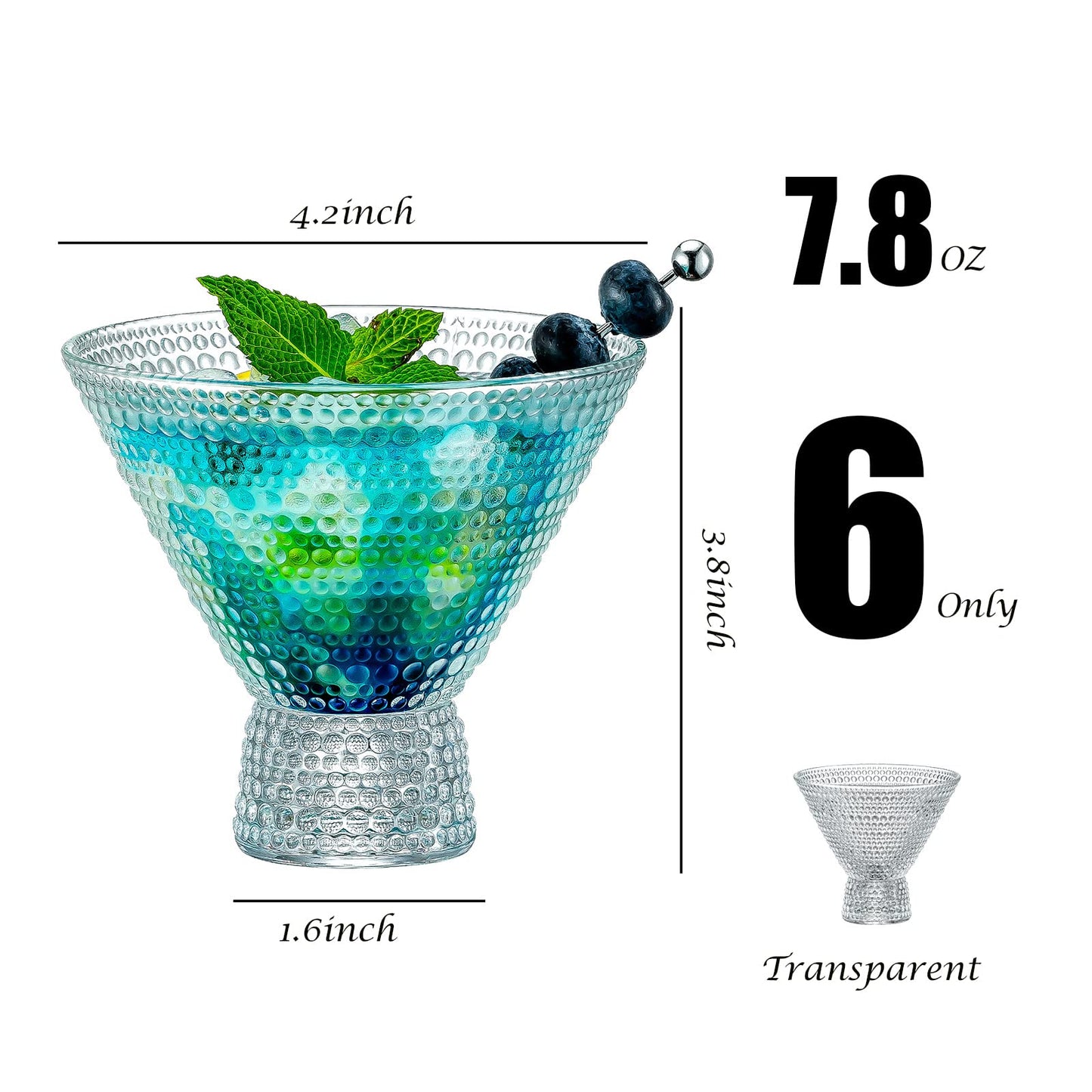 Vintage Embossed Stemless Martini Glass Set – Lead-Free Crystal Cocktail Glasses for Martinis, Whiskey, and More