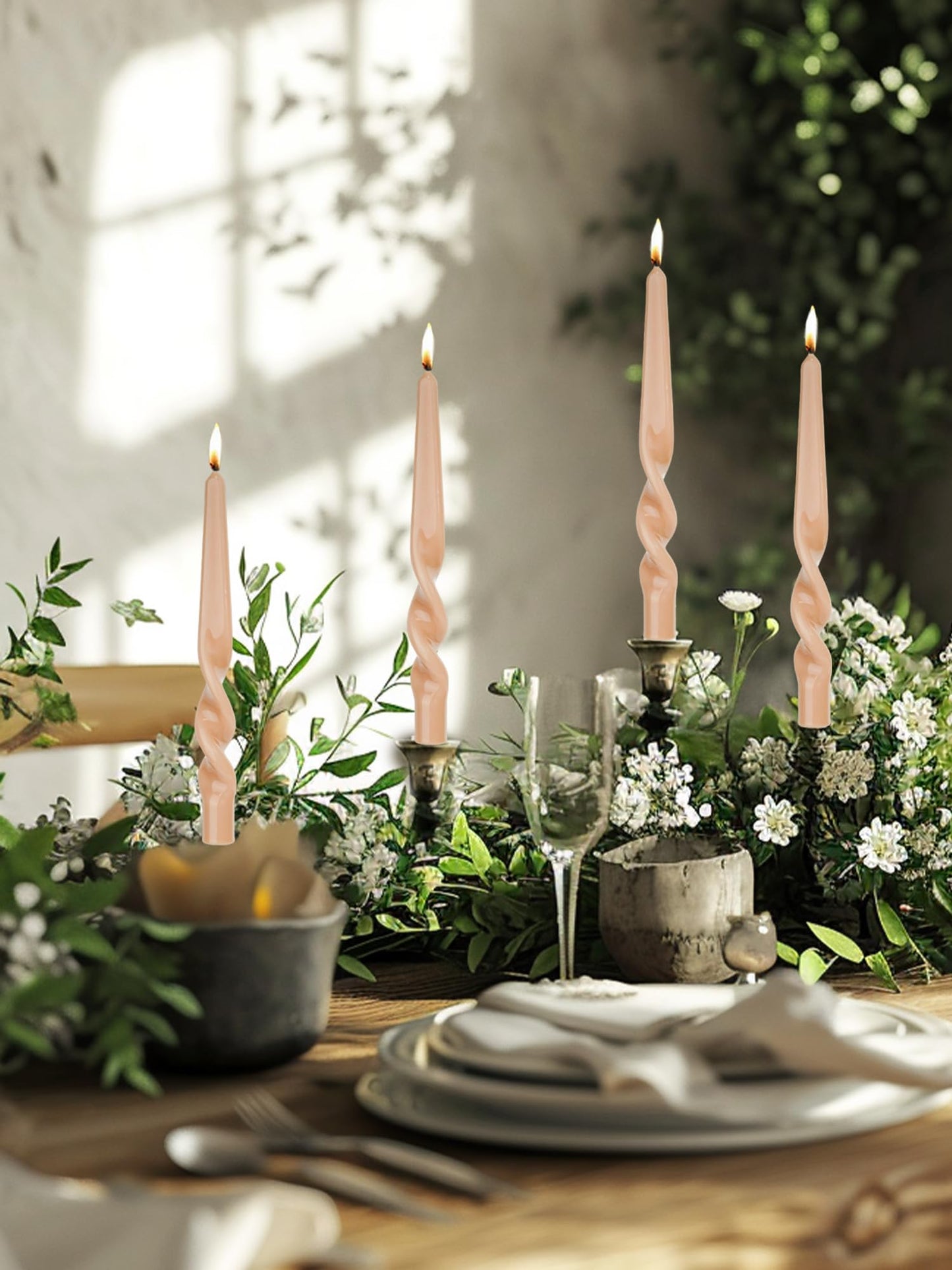 Handmade Spiral Taper Candles – 10" Unscented, Dripless (Set of 4)