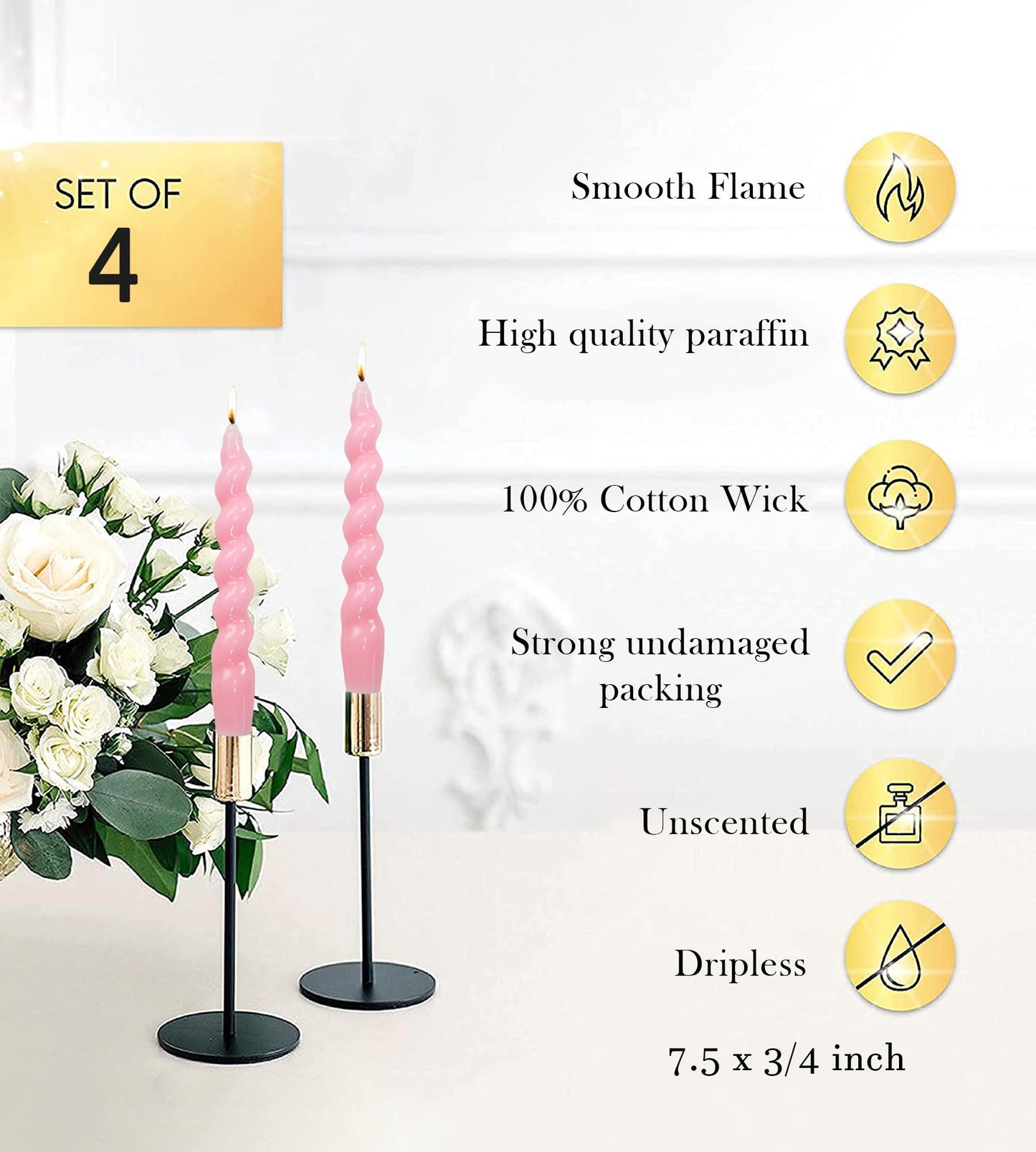 Handmade Spiral Taper Candles – 10" Unscented, Dripless (Set of 4)