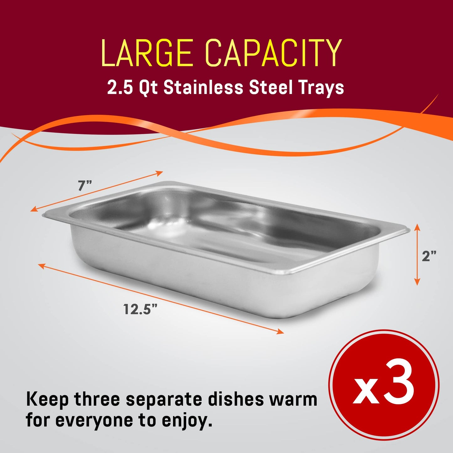 Electric Buffet Food Warmer with 3 Stainless Steel Trays & Dome Lids - Portable Warming Tray for Parties & Events