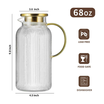 Glass Water Pitcher – 68oz Borosilicate Carafe with Stainless Steel Lid - Heat-Resistant
