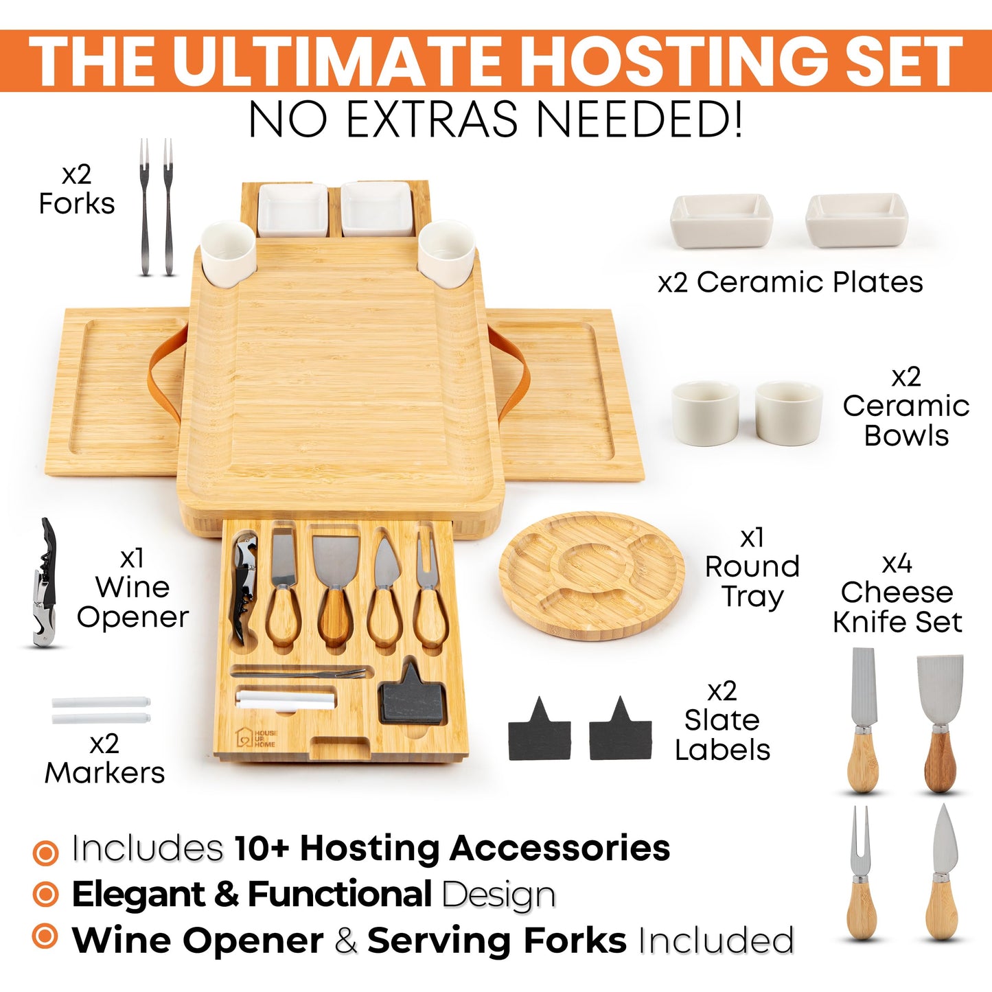 Bamboo Charcuterie Board Set with Cheese Knives, Ceramic Bowls, Plates & Magnetic Drawers – Complete Serving Tray Gift Set for Wine & Cheese Lovers