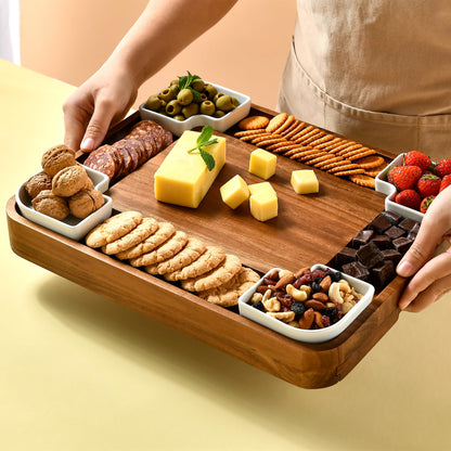 All-Natural Acacia Wood Cheese Board Set with Hidden Drawers, Ceramic Plates, Bowls & Utensils