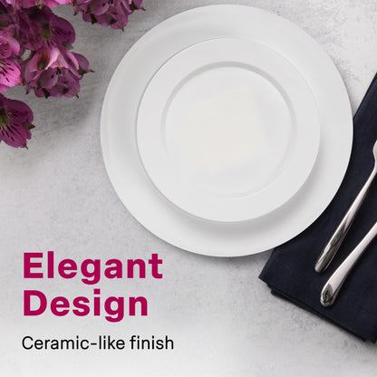Elegant White Square Plastic Plates Set – 100-Piece Heavy Duty Disposable Dinnerware for 50 Guests (9.5” Dinner + 6.5” Appetizer Plates)