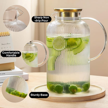 Glass Water Pitcher – 68oz Borosilicate Carafe with Stainless Steel Lid - Heat-Resistant