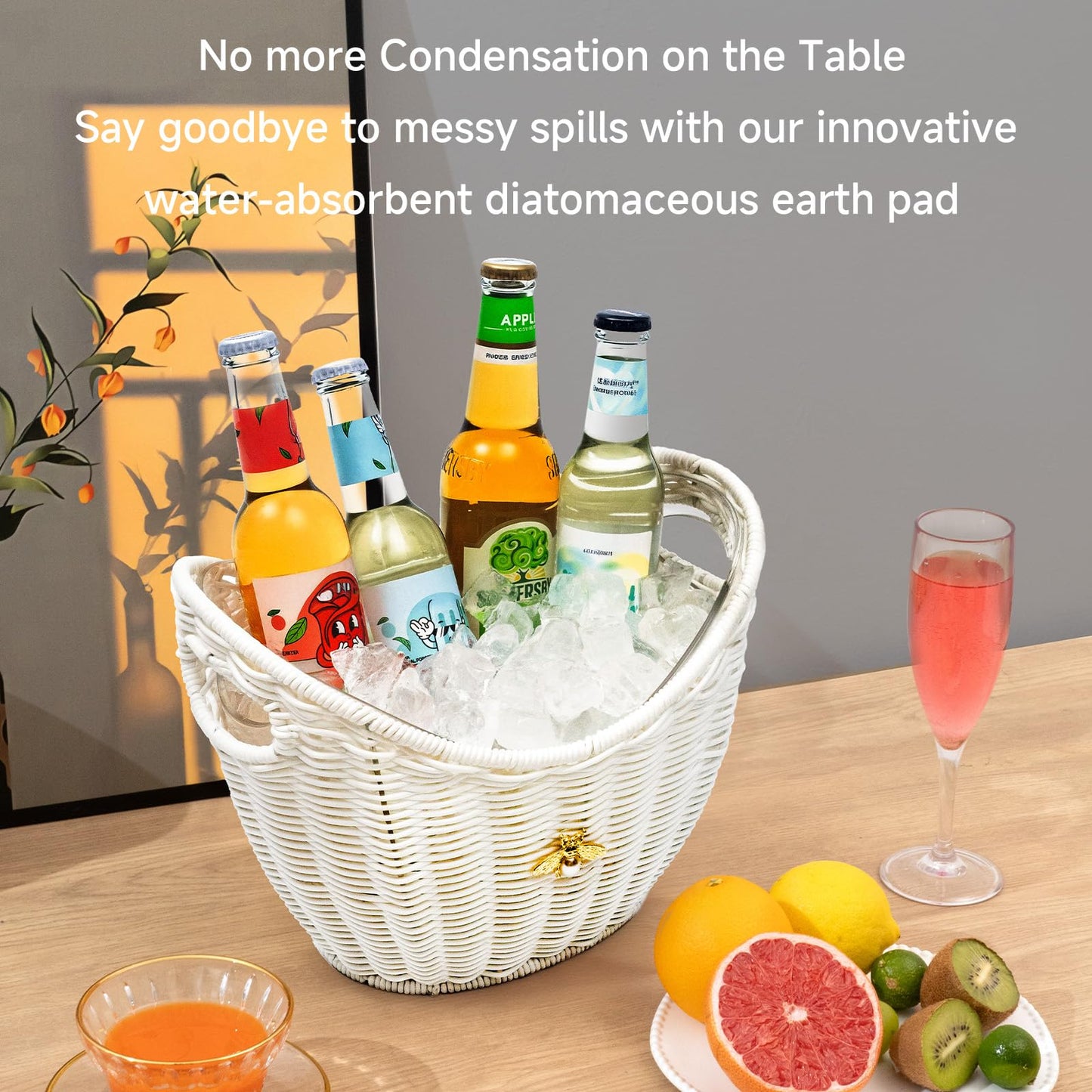 Handcrafted Rattan Ice Bucket with Acrylic Insert – 4L Leak-Proof Double Layer Design with Diatomaceous Earth Pad (Rattan)