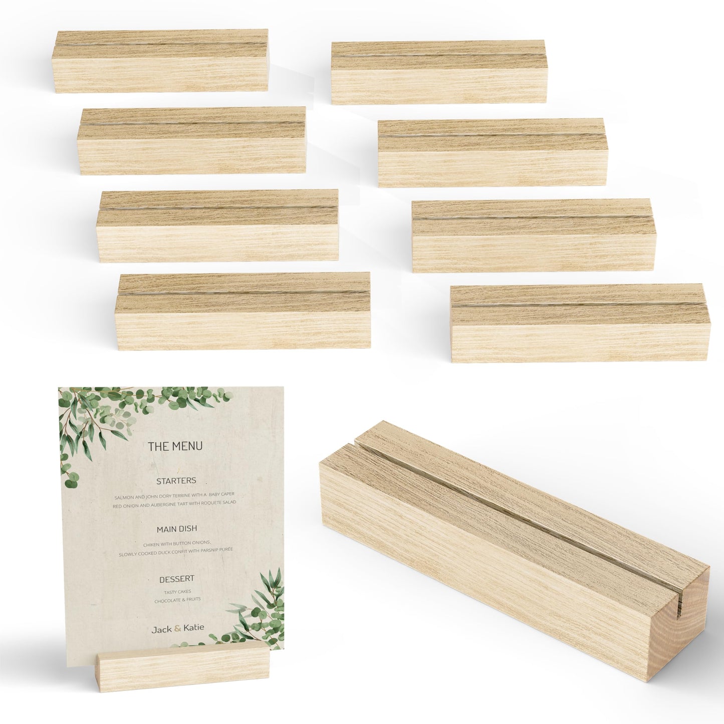 Natural Oak Wood Place Card Holders – Rustic Tabletop Name Holders for Weddings, Events, Parties, Menus & Number Signs