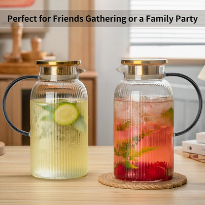 Glass Water Pitcher – 68oz Borosilicate Carafe with Stainless Steel Lid - Heat-Resistant