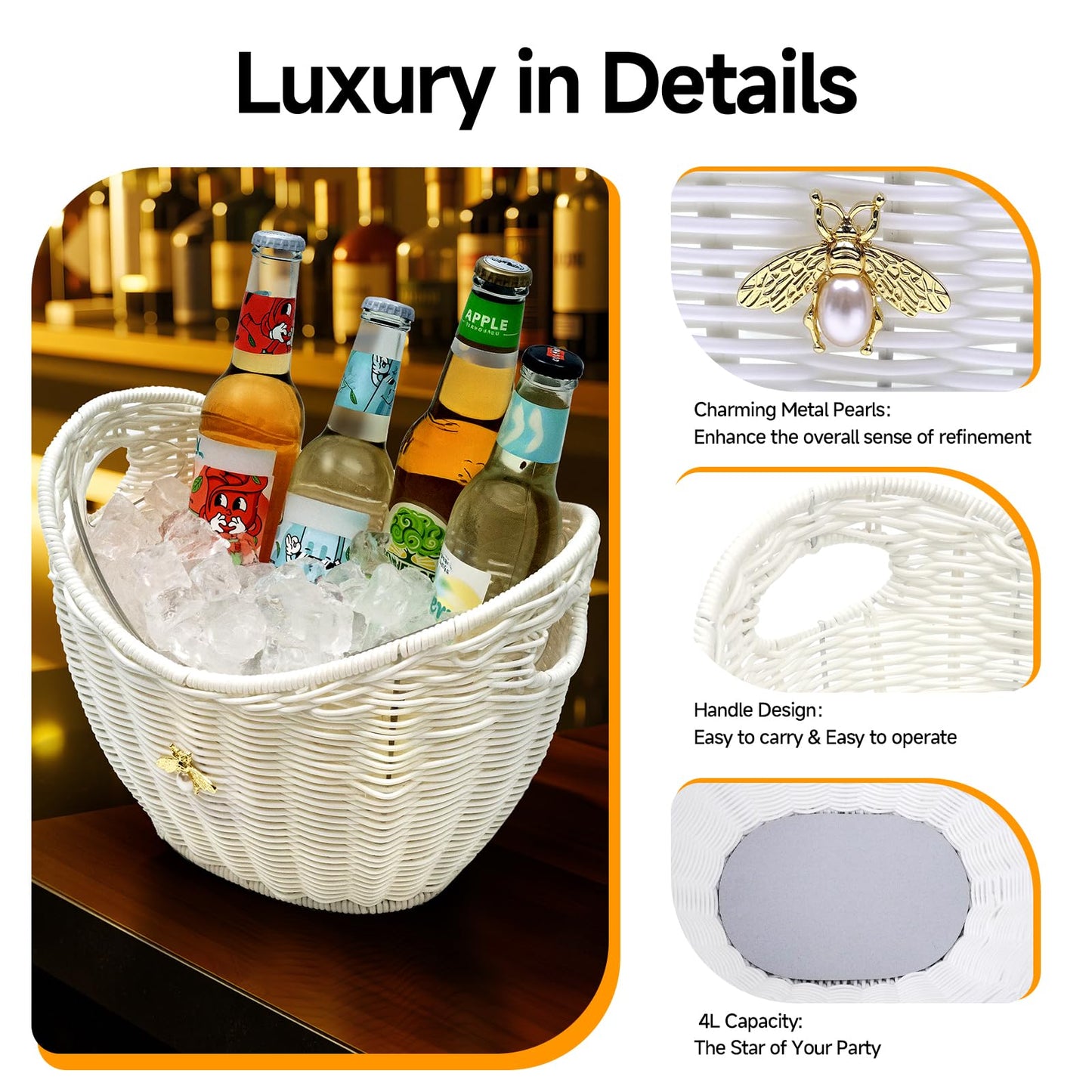 Handcrafted Rattan Ice Bucket with Acrylic Insert – 4L Leak-Proof Double Layer Design with Diatomaceous Earth Pad (Rattan)