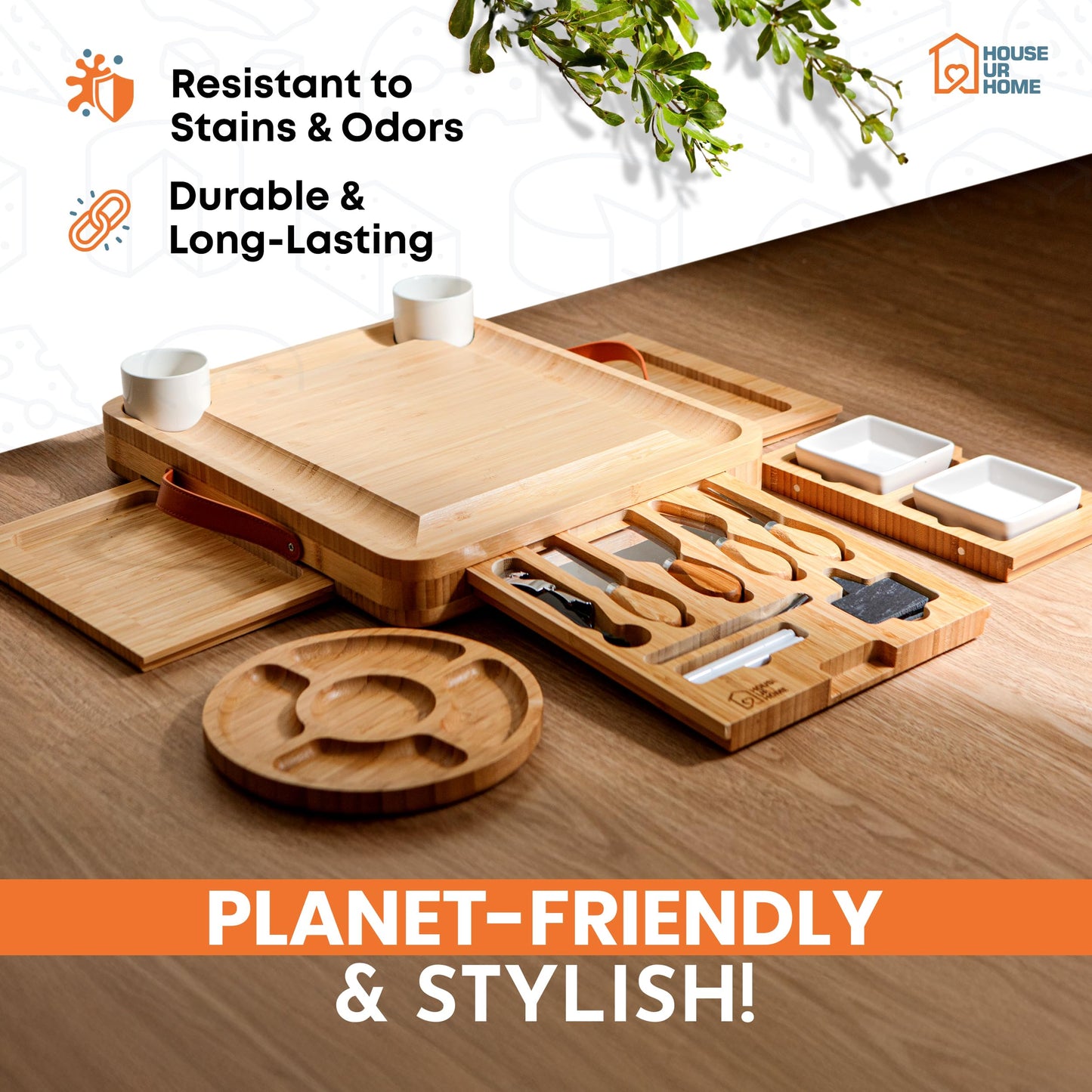 Bamboo Charcuterie Board Set with Cheese Knives, Ceramic Bowls, Plates & Magnetic Drawers – Complete Serving Tray Gift Set for Wine & Cheese Lovers