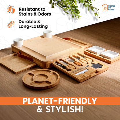 Bamboo Charcuterie Board Set with Cheese Knives, Ceramic Bowls, Plates & Magnetic Drawers – Complete Serving Tray Gift Set for Wine & Cheese Lovers