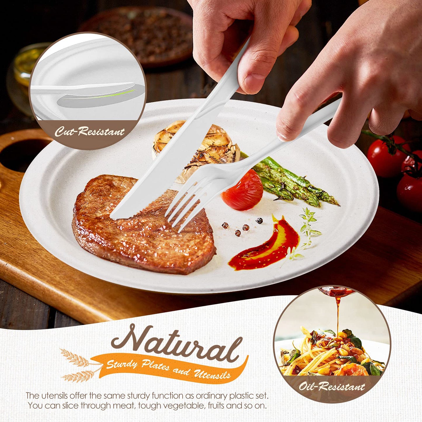 Compostable Dinnerware Set – Eco-Friendly Plates, Cutlery, Cups & More for 50 Guests -400-Pack
