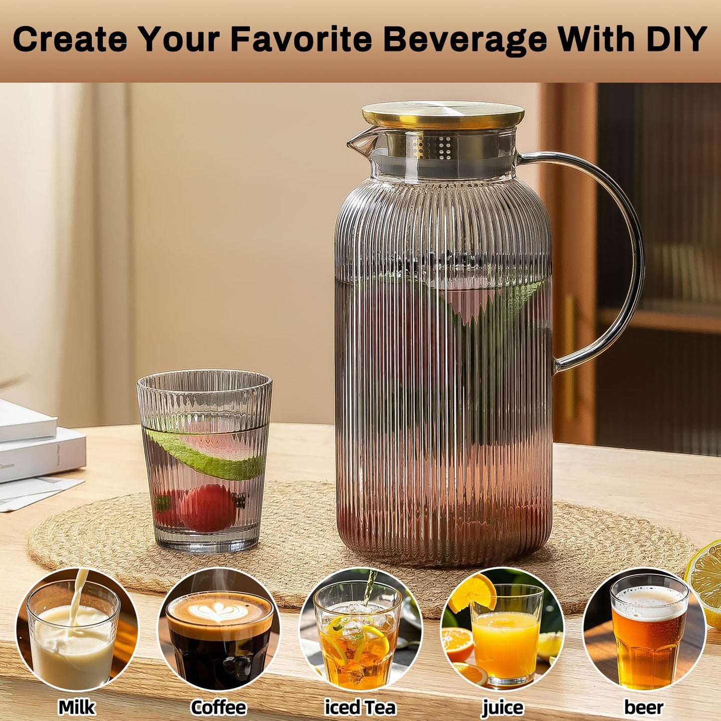 Glass Water Pitcher – 68oz Borosilicate Carafe with Stainless Steel Lid - Heat-Resistant