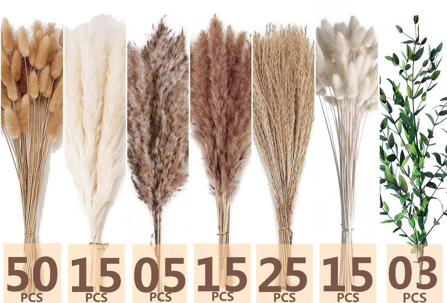 Natural Dried Pampas Grass Bouquet – Mixed Fluffy Pompous Grass for Vase, Boho Decor, Weddings, Gifts & Home Arrangements 100PCS