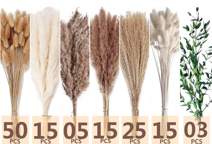 Natural Dried Pampas Grass Bouquet – Mixed Fluffy Pompous Grass for Vase, Boho Decor, Weddings, Gifts & Home Arrangements 100PCS