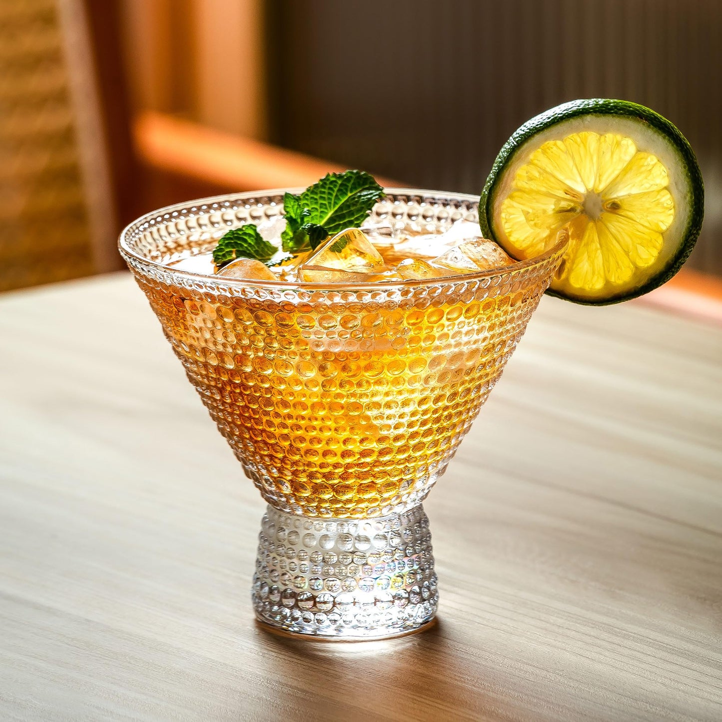 Vintage Embossed Stemless Martini Glass Set – Lead-Free Crystal Cocktail Glasses for Martinis, Whiskey, and More