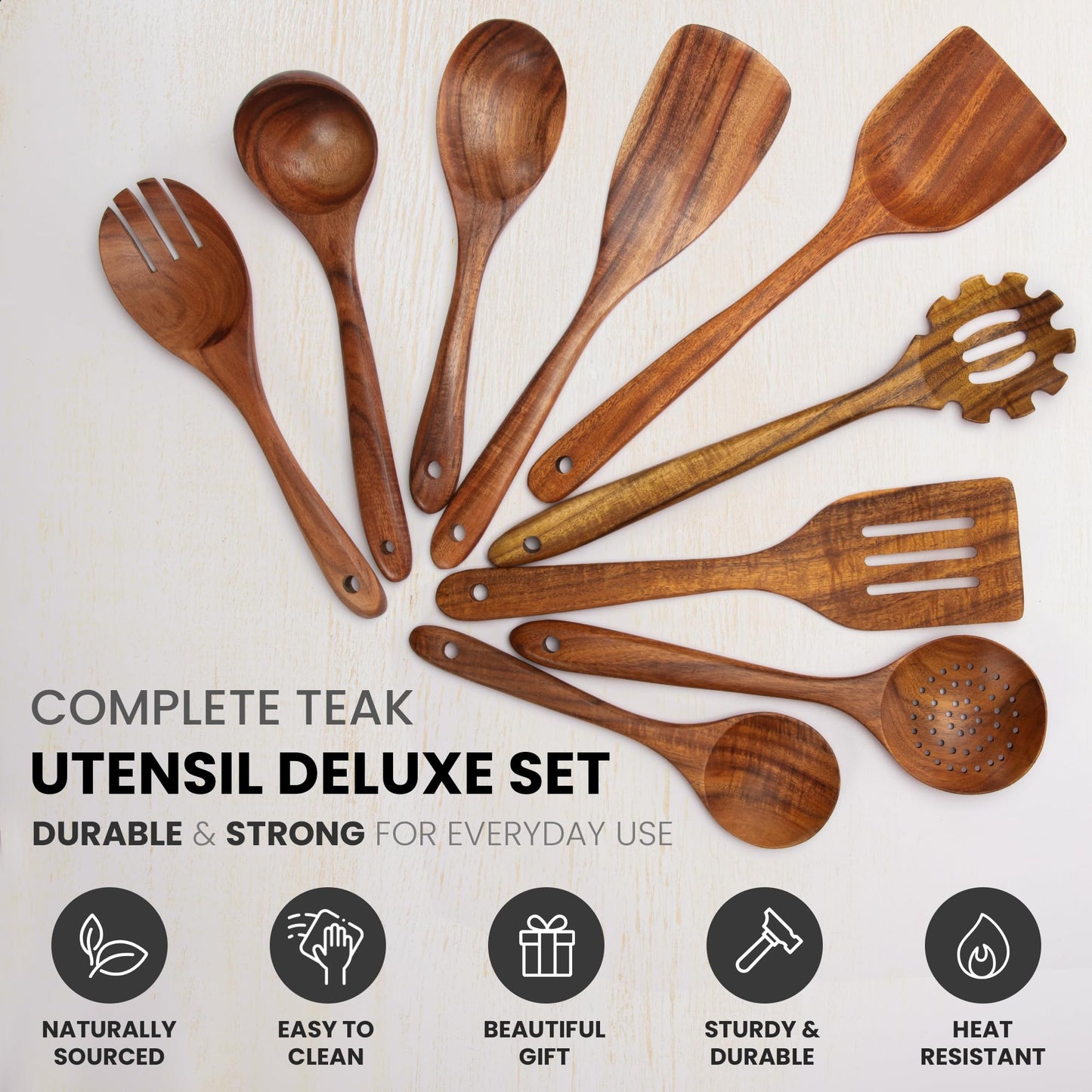 Teak Wood Cooking Utensil Set – 6-Piece Wooden Kitchen Tools | Non-Scratch, Heat-Resistant, Durable Cookware Set