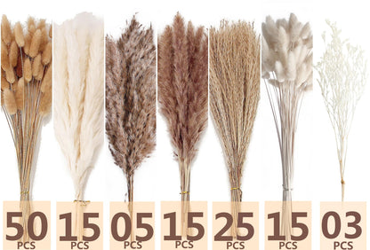Natural Dried Pampas Grass Bouquet – Mixed Fluffy Pompous Grass for Vase, Boho Decor, Weddings, Gifts & Home Arrangements 100PCS