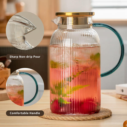 Glass Water Pitcher – 68oz Borosilicate Carafe with Stainless Steel Lid - Heat-Resistant