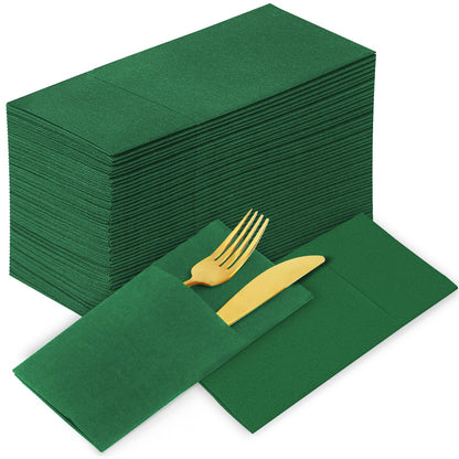 Solid Color Pocket Napkins – 50-Pack Linen-Like Paper Napkins with Silverware Pocket | Soft, Absorbent & Elegant for Dining, Weddings, and Events - Matcha Green