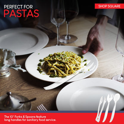Durable Plastic Serving Utensils Set – 10" Serving Fork, Spoon & 6" Tongs | BPA-Free, Reusable or Disposable | Perfect for Parties, Catering & Events