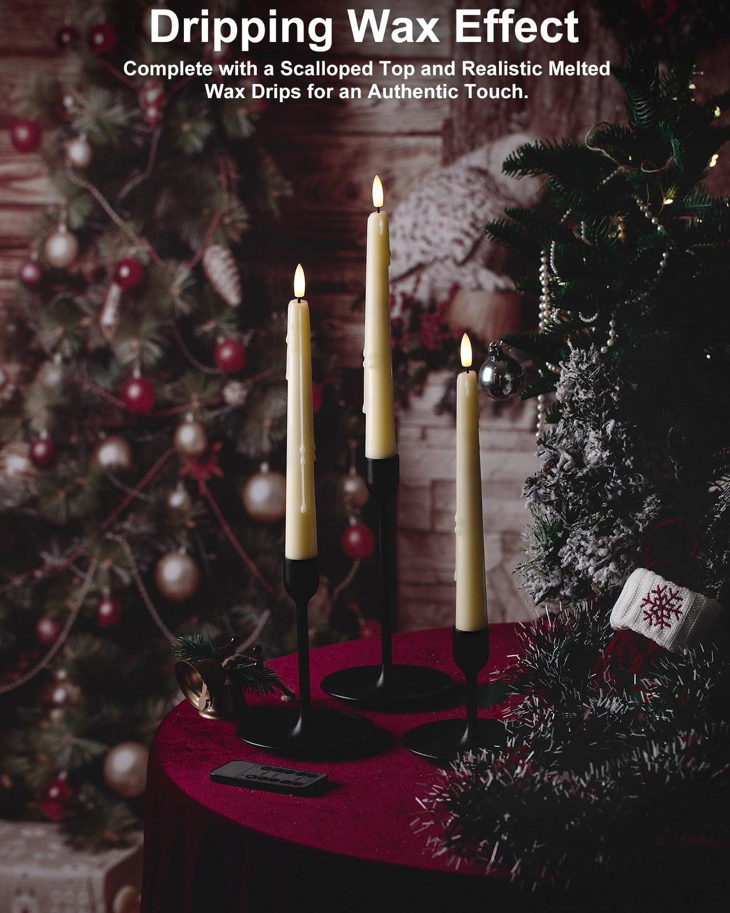 Black Wax Drip Flameless Taper Candles – Set of 6 LED Candles with Remote Control