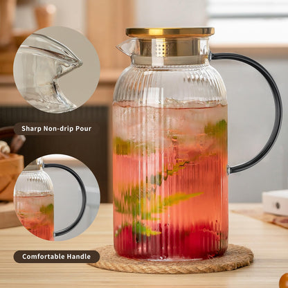 Glass Water Pitcher – 68oz Borosilicate Carafe with Stainless Steel Lid - Heat-Resistant