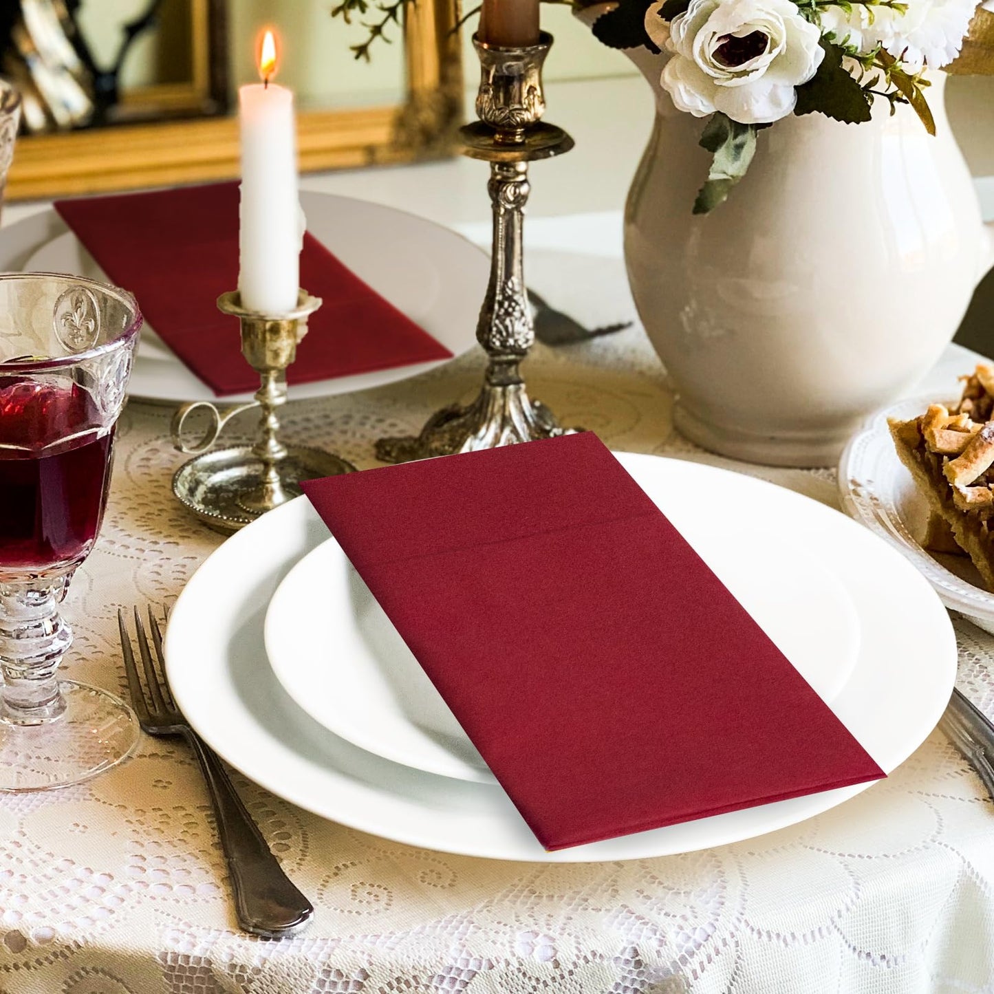 Solid Color Pocket Napkins – 50-Pack Linen-Like Paper Napkins with Silverware Pocket | Soft, Absorbent & Elegant for Dining, Weddings, and Events - Matcha Green