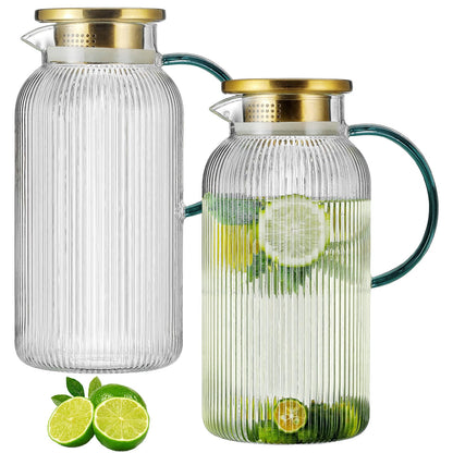 Glass Water Pitcher – 68oz Borosilicate Carafe with Stainless Steel Lid - Heat-Resistant
