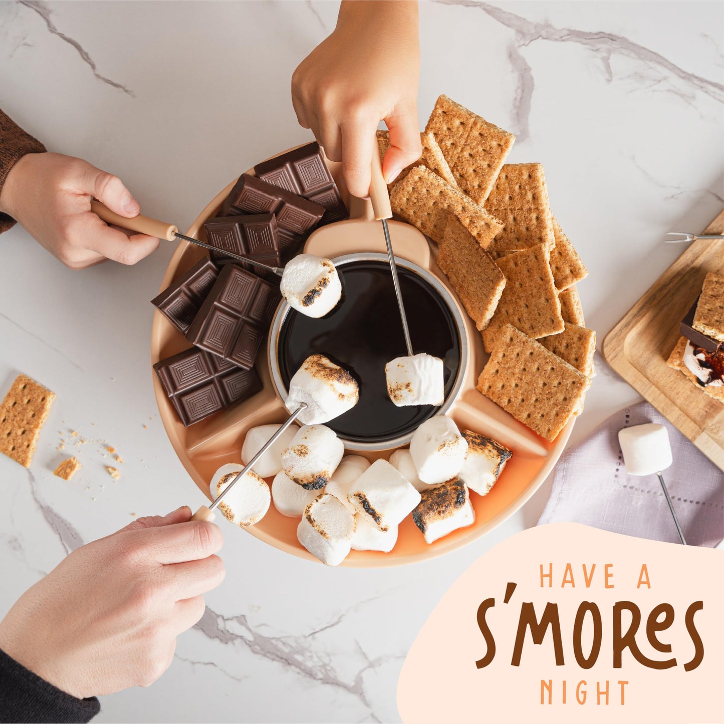Deluxe Electric Fondue Pot Set – 10oz Melting Bowl with Warming Base, 3-Section Serving Tray & 4 Skewers – Chocolate & Cheese Melting Pot for Parties, Holidays & Gifts Serve at Movie Night or Game Night.