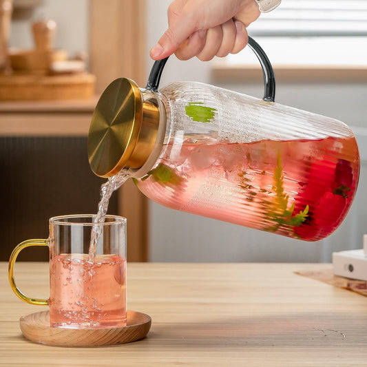 Glass Water Pitcher – 68oz Borosilicate Carafe with Stainless Steel Lid - Heat-Resistant