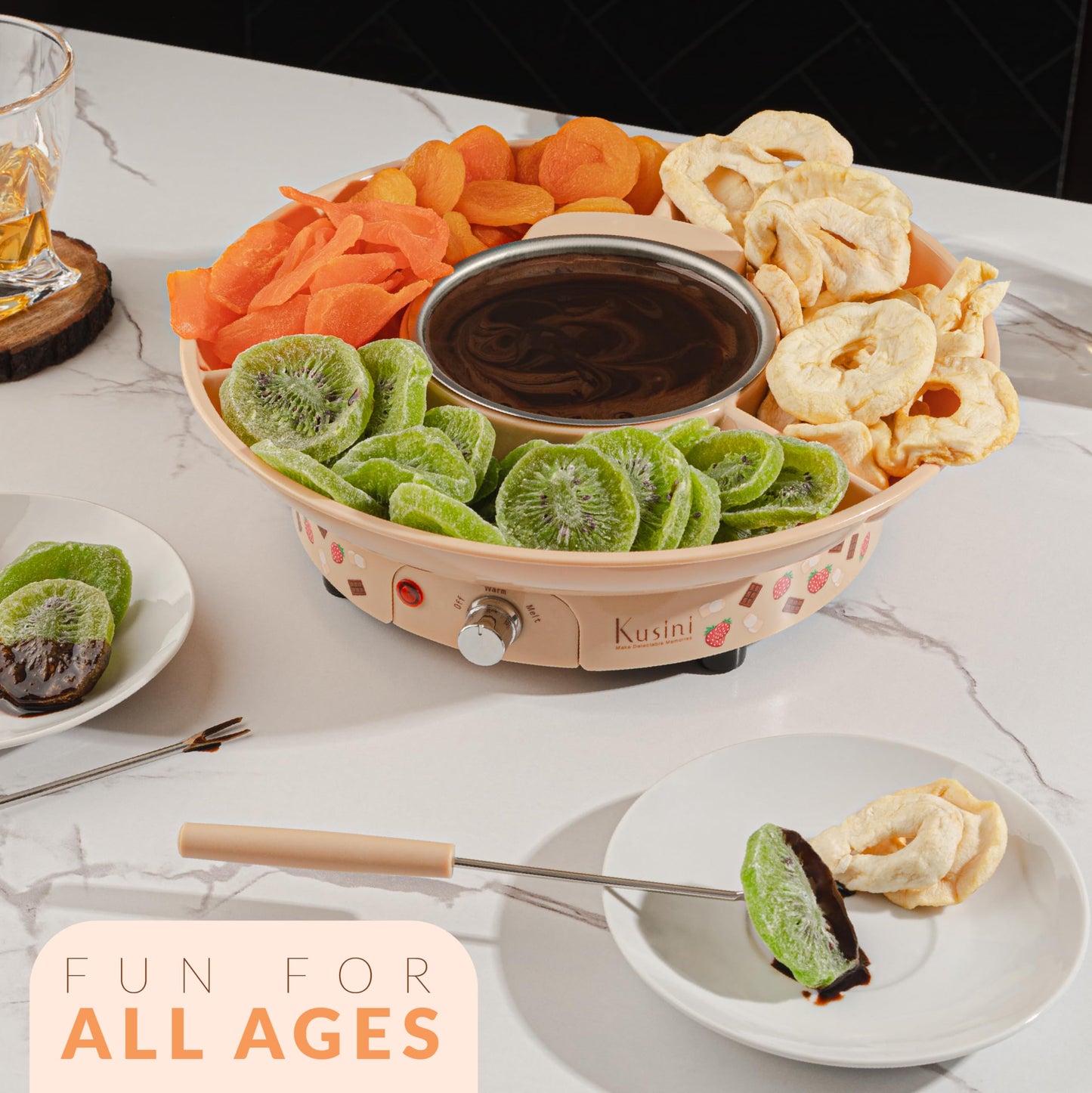 Deluxe Electric Fondue Pot Set – 10oz Melting Bowl with Warming Base, 3-Section Serving Tray & 4 Skewers – Chocolate & Cheese Melting Pot for Parties, Holidays & Gifts Serve at Movie Night or Game Night.
