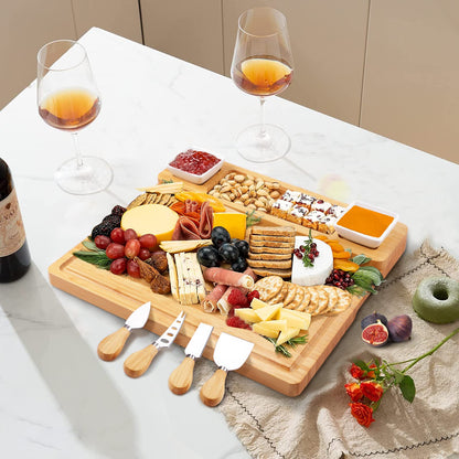 Bamboo Charcuterie Board Set – Cheese Board with Ceramic Bowls, Magnetic Knife Drawer, Crackers Groove