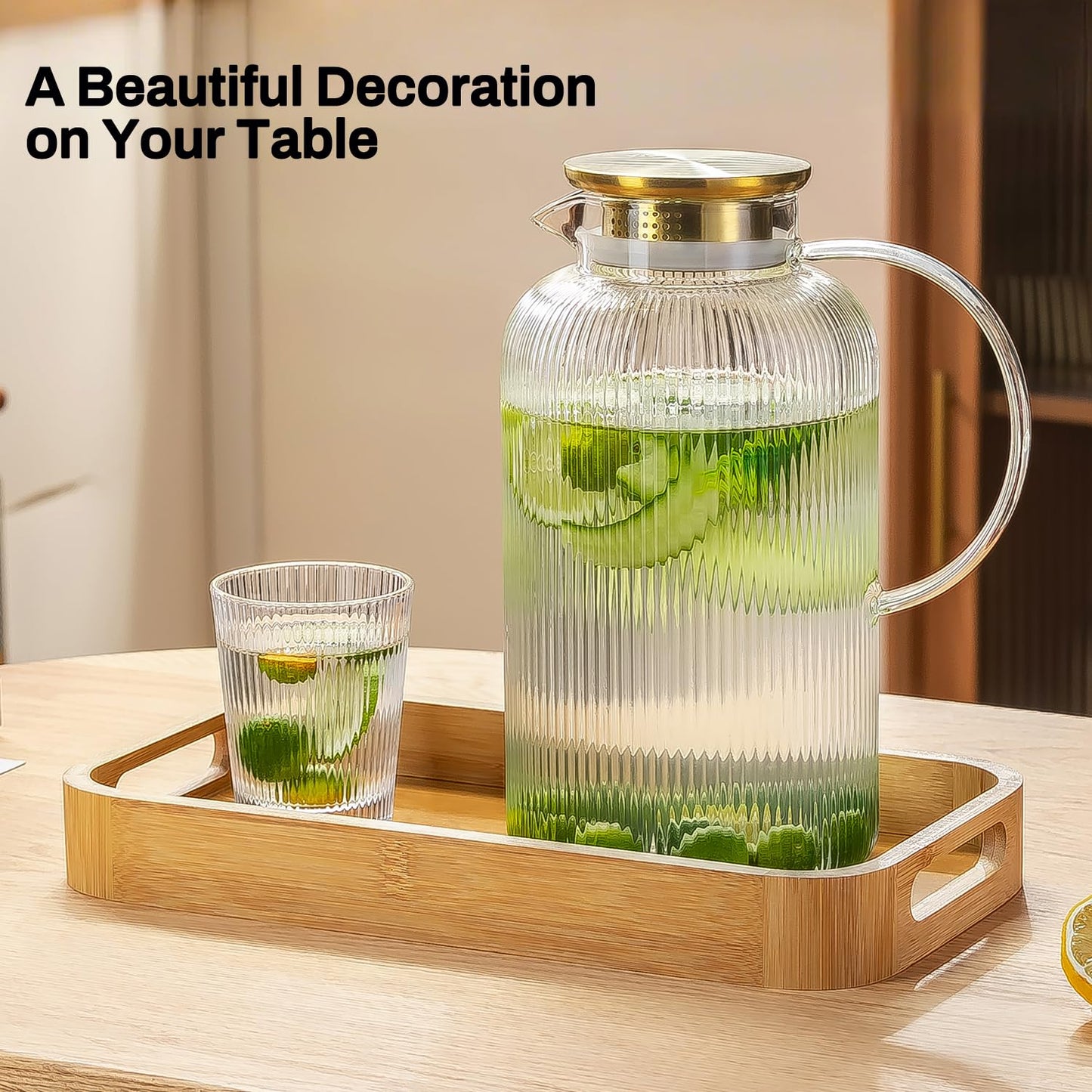 Glass Water Pitcher – 68oz Borosilicate Carafe with Stainless Steel Lid - Heat-Resistant