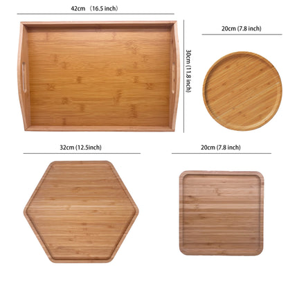 Natural Bamboo Serving Plate Set – Large Rectangle with Handle + Hexagon & Square Plates