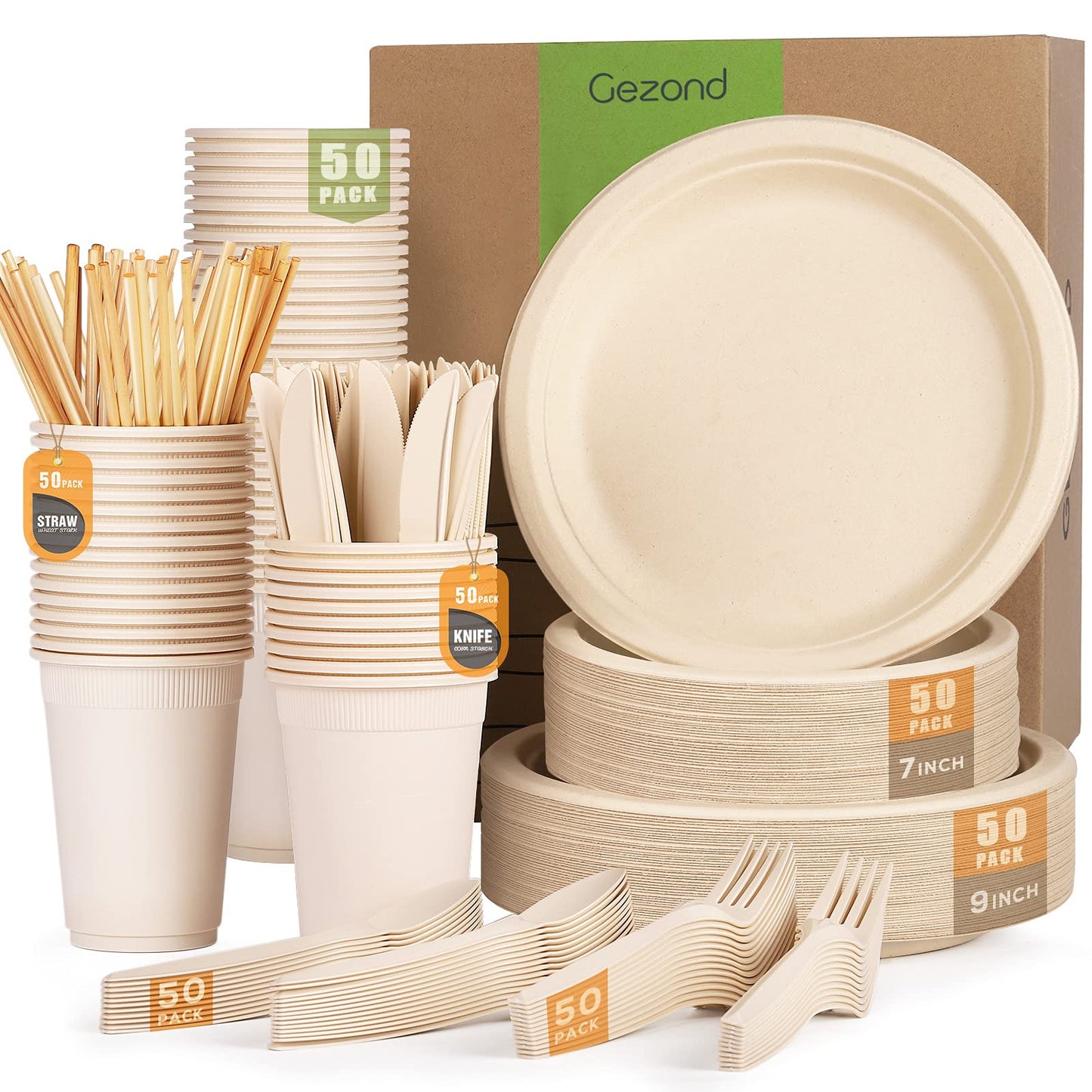 Compostable Dinnerware Set – Eco-Friendly Plates, Cutlery, Cups & More for 50 Guests -400-Pack