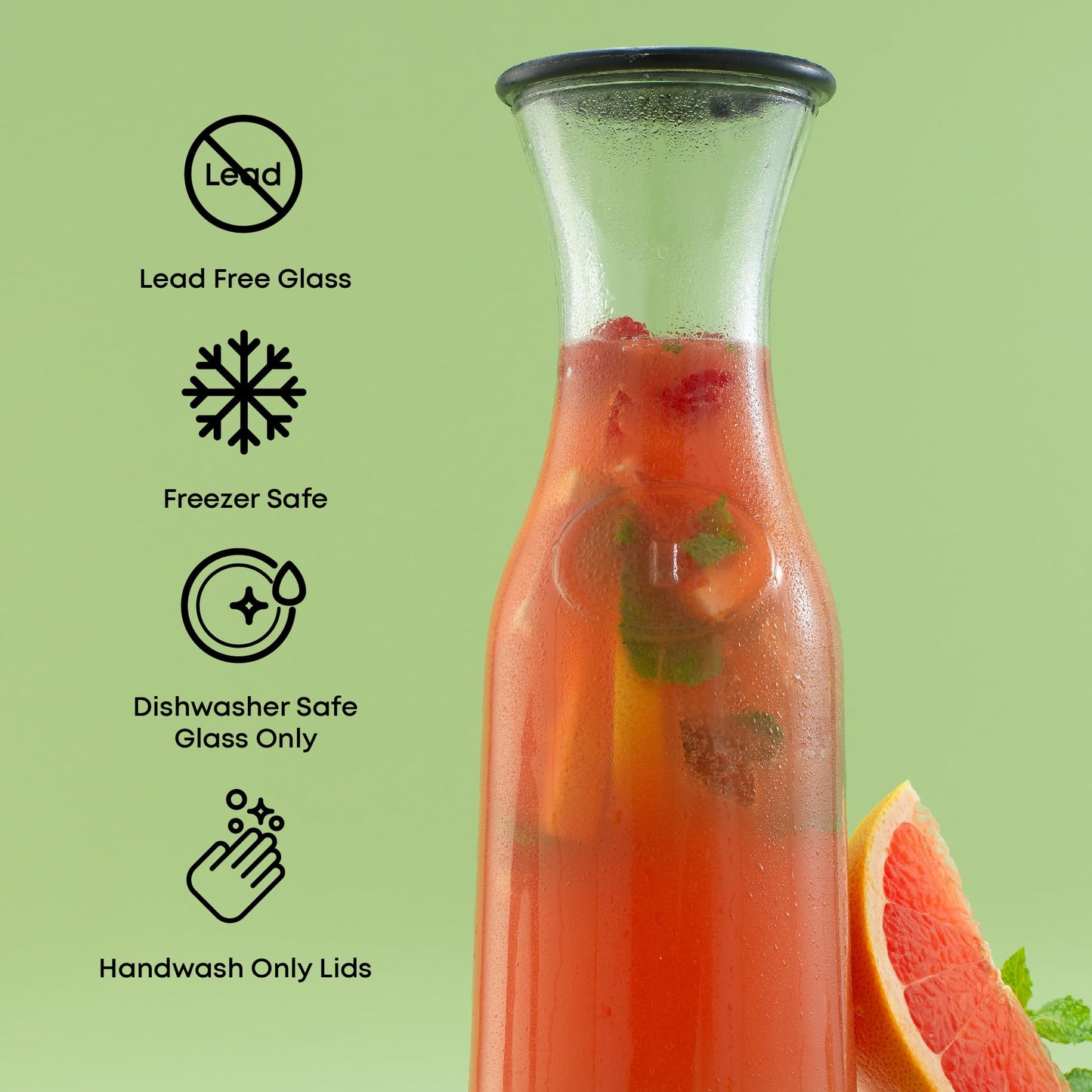 Glass Carafe Set with BPA-Free Lids – 3pc Set with Extra Lids, Fits Large Ice Cubes, Dishwasher Safe